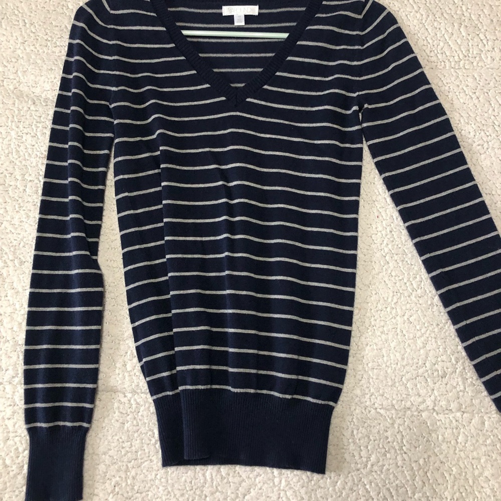 navy and white striped v neck sweater